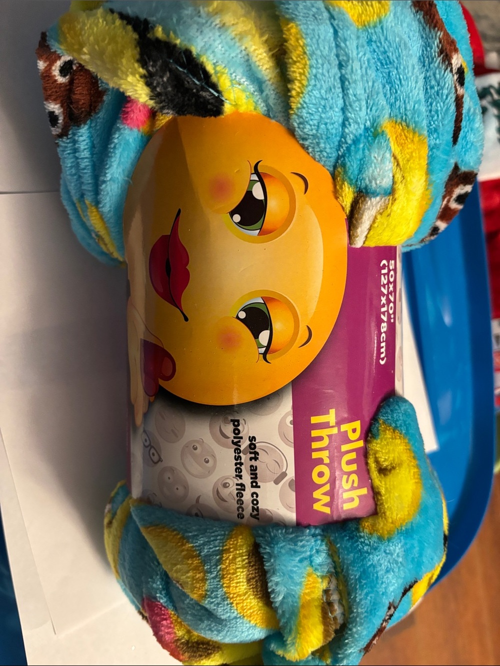 Plush Throw Blanket - Blue with Yellow Emoji Pattern New